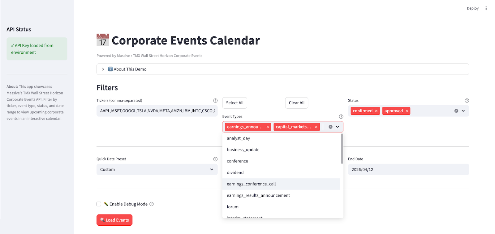 Build a Corporate Events Calendar using Massive + TMX Wall Street